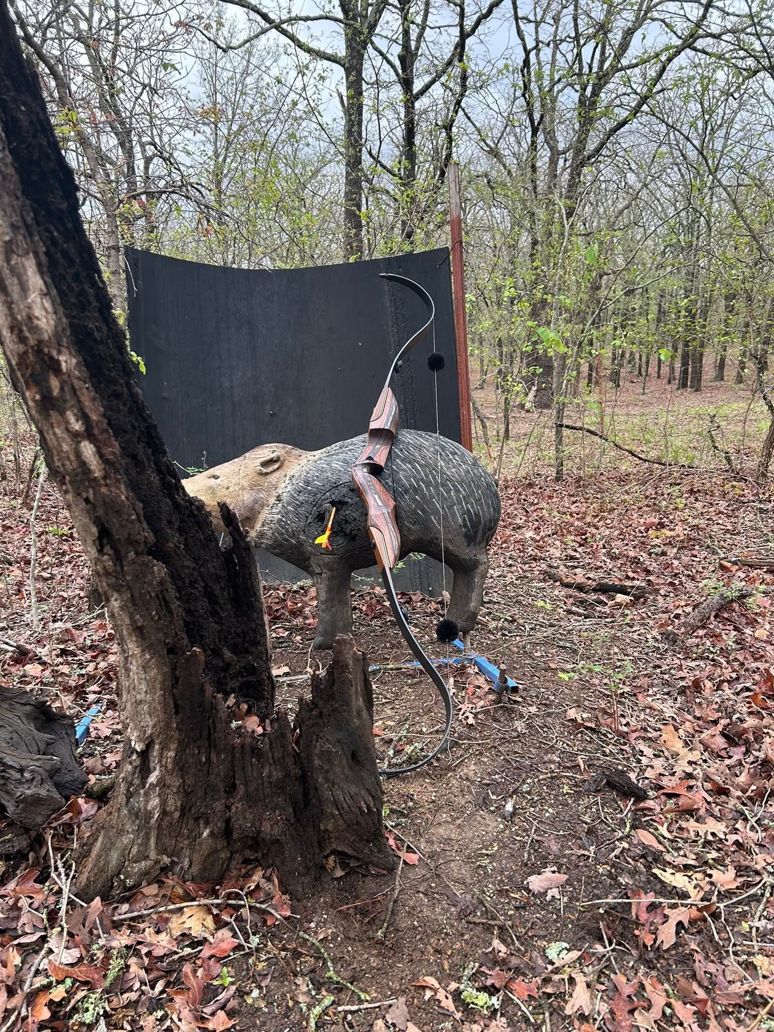 A traditional recurve bow resting beside a three-dimensional target in the woods